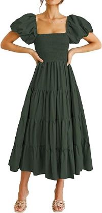 图片 PRETTYGARDEN Women's Casual Summer Midi Dress Puffy Short Sleeve Square Neck Smocked Tiered Ruffle Dresses
