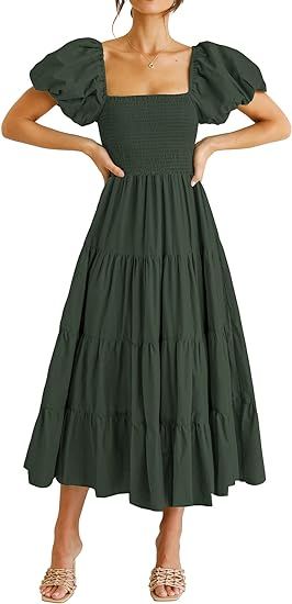 图片 PRETTYGARDEN Women's Casual Summer Midi Dress Puffy Short Sleeve Square Neck Smocked Tiered Ruffle Dresses