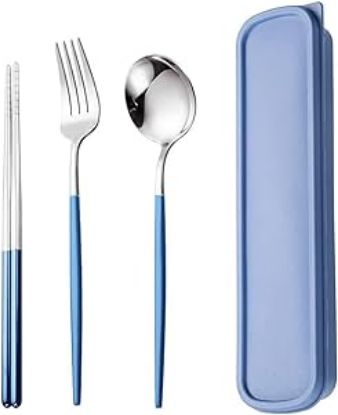 图片 1AXIAOLU Travel Utensils, Stainless Steel 4pcs Cutlery Set Portable Camp Reusable Flatware Silverware, Include Fork Spoon Chopsticks with Case (Blue)