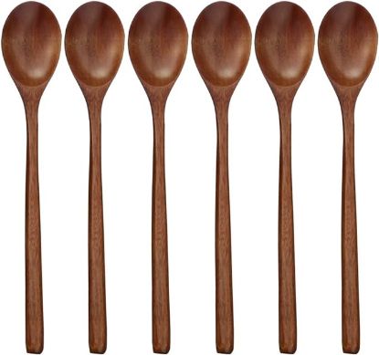 图片 Wooden Spoons, 6 Pieces 9 Inch Wood Soup Spoons for Eating Mixing Stirring, Long Handle Spoon with Japanese Style Kitchen Utensil, ADLORYEA Eco Friendly Table Spoon