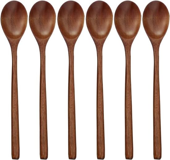 图片 Wooden Spoons, 6 Pieces 9 Inch Wood Soup Spoons for Eating Mixing Stirring, Long Handle Spoon with Japanese Style Kitchen Utensil, ADLORYEA Eco Friendly Table Spoon