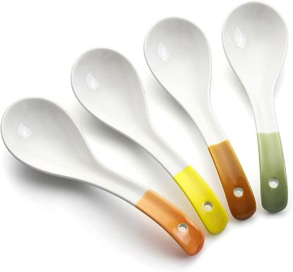 图片 Zsian Soup Spoons, IQCWOOD 6.2 inch Ceramic Soup Spoon, Chinese Soup Spoons, White Japanese Soup Spoons for Ramen Pho Wonton Soup Dumpling Miso, Set of 4