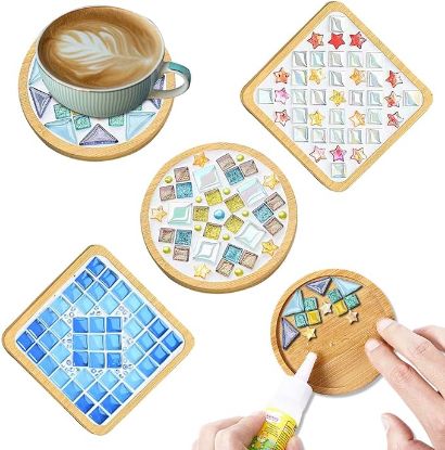 图片 A WATHFKCU 4 Sets DIY Glass Mosaic Tiles for Crafts,Mixed Color Mosaic Kits with Wooden Coaster for Adults,Mosaic Crafts Materials Package for Coaster Handmade Home Decor Gifts